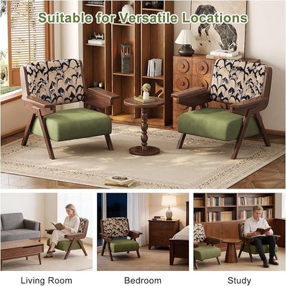 Mid Century Modern Accent Chair, Fabric Upholstered Lounge Arm Chair with Solid Wood Frame for Living Room, Bedroom, Office, Reading Corner (Feather Print, Set of 2)