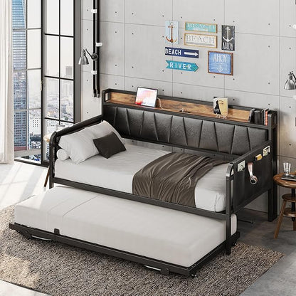 LIKIMIO Daybed with Trundle Bed, Twin Bed Frame with Storage Headboard and Charging Station, Sofa Day Bed with Strong Supports for Living Room, Bedroom, and Guest Room, Black