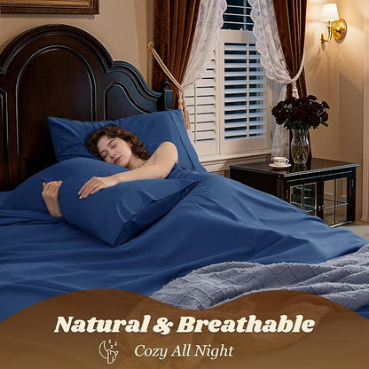 LBRO2M 1000 Thread Count 100% Cotton Sheets Set,Full Size Bed Sheet 4 Piece Sets,Long Staple,16 Inches Deep Pocket,All Season,Bedding Super Soft Comforterble Breathable,Sateen(Navy Blue)
