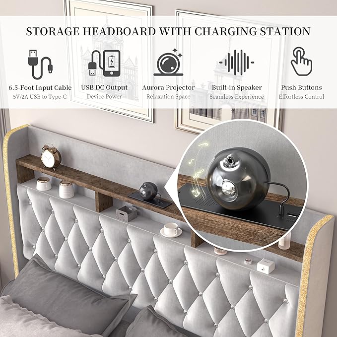 Full LED Bed Frame with Storage Drawers, Velvet Upholstered Platform Beds with Galaxy Star Projector Charging Station Speaker, Aurora Bedframe with 2-Tier Storage Headboard, Noise-Free, Grey