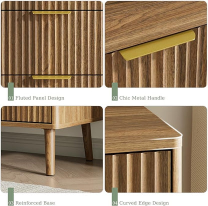 LYNSOM 55" Wide Fluted Dresser for Bedroom with 7 Drawer, Modern Chest of Drawers with Curved Profile Design and Metal Handles, Wood Dresser TV Stand & Storage Organizer for Living Room, Walnut