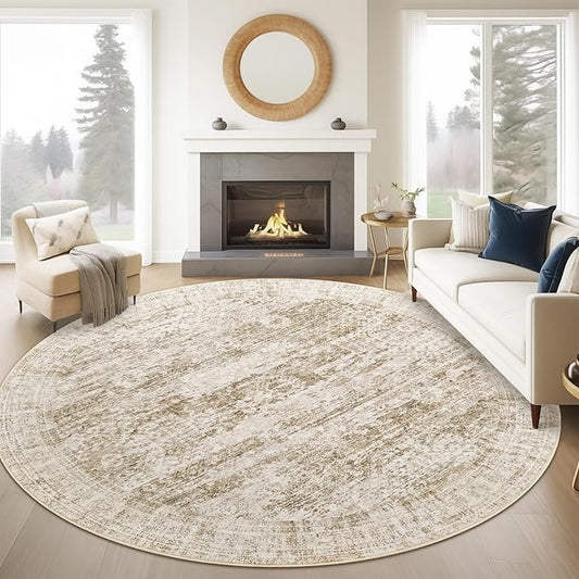 9x9 Brown Round Rug 9ft Living Room Circle Rug Vintage Round Area Rug Non Slip Indoor Carpet for Apartment