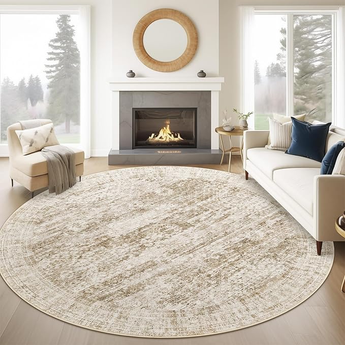 8x8 Brown Round Rug 8ft Living Room Circle Rug Vintage Round Area Rug Non Slip Indoor Carpet for Apartment