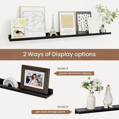 Picture Ledge Shelf, Floating Shelves Set of 2, 40 Inches Solid Wood Nursery Book Shelves for Toys Storage, Kids Bookshelf Wall Mounted for Living Room Bedroom Decor Books Photo Frames, Black