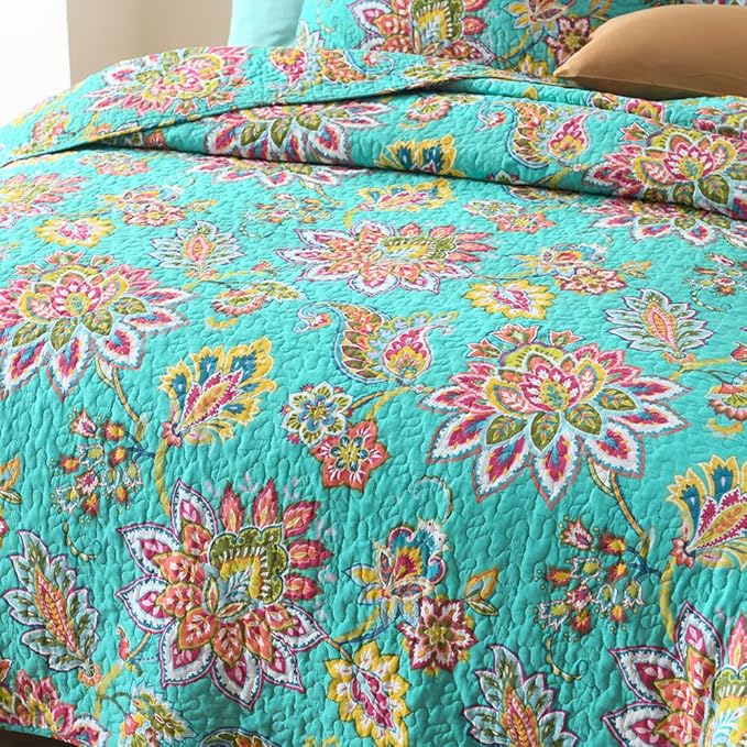 Cotton Bedspread Quilt Sets Reversible Bedding Coverlet Sets Comforter Paisley Floral Bedspread (Green Vintage Floral, Queen Size)
