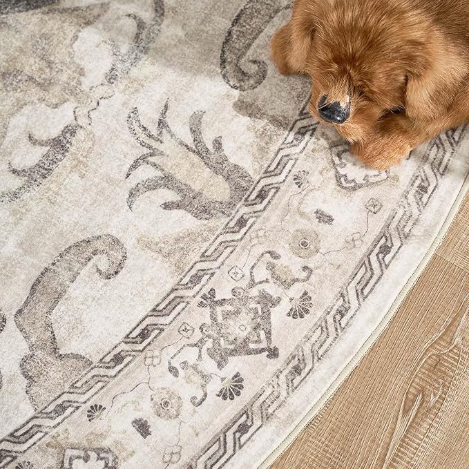 jinchan Round Rug 6ft Area Rug Vintage Floor Mat Kitchen Indoor Ultra-Thin Soft Floral Print Washable Circle 6' Accent for Farmhouse Non Slip Dining Room Living Room Bedroom Office Taupe