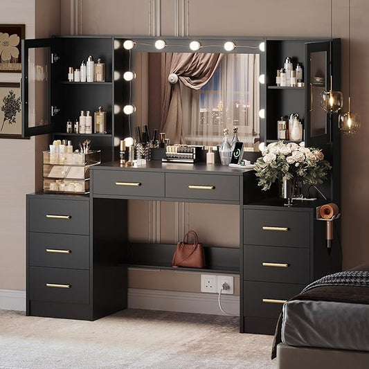 Black Vanity Desk with Mirror, Lights & Charging Station, 58.3" 3 Lighting Modes Makeup Desk with 8 Drawers, 2 Cabinets and Lots Storage, Dressing Table Vanity Set with Lighted Mirror