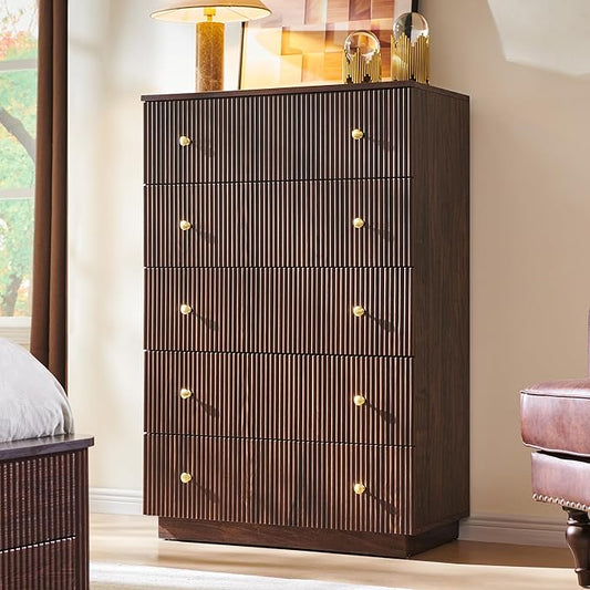 Fluted Dresser for Bedroom, 5 Drawer Dressers, Wood Tall Dresser Storage Organizer, Chest of Drawers with Deep Storage, Modern Bedroom Chest for Closet Hallway, Entryway, Living Room,Brown