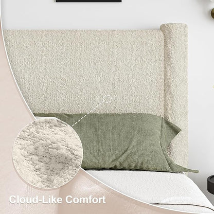 California King Size Bed Frame, Boucle Bed Frame with Headborad, Soft Upholstered Platform Bed Frame with Rounded Corners, No Box Spring Required, Easy Assembly, Cream