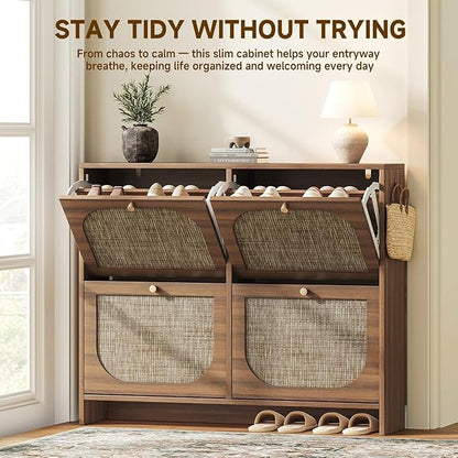 Nicetree Freestanding Ultra Slim Arched Rattan Accent Shoe Storage Cabinet for Entryway - 4 Flip Drawers & 3-Tier Adjustable Shelves, Farmhouse Modern Rustic Shoe Rack for Hallway, Foyer