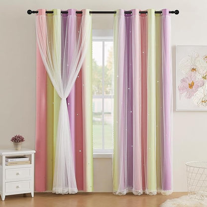 XiDi Pink Blackout Curtains for Bedroom Decor - Rainbow Unicorn Wall Decals for Girl's and Kids' Room - Purple and Yellow 34X72 Inch Long 1 Panel