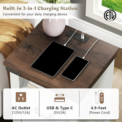 AMERLIFE Farmhouse Nightstand with Charging Station, 18" Wood Rustic Night Stand with 2 Storage Drawers, Heavy Duty Bedside Sofa Side End Tables for Bedroom, Living Room, Antique White