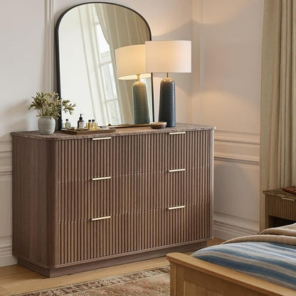 win2win 6 Drawer Dresser, Mid Century Modern Dresser with Storage, 47" Wide Fluted Chest of Drawers with Faux Marble Top, Dressers TV Stand, Drawers Organizer for Bedroom, Living Room, Hallway, Walnut