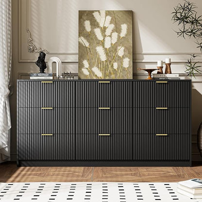 3-Piece Dresser Bedroom Set, 9 Drawer Dresser & 2 Drawer Nightstands with Gold Handles, Fluted Wood Chest of Drawers for Bedroom, Living Room, Entryway, Black