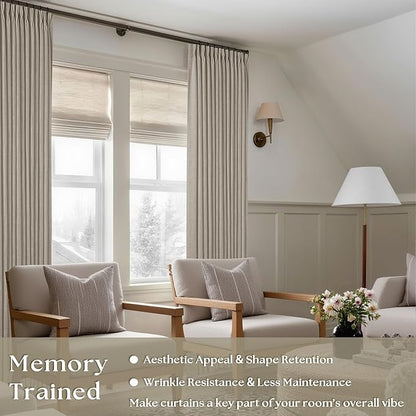 Pinch Pleat Linen Curtains 108 Inches Long 70 Inch Wide for Patio Sliding Door Light Filtering Semi Sheer Pleated Drapes Back Tab Burlywood Taupe Extra Wide 70 x 108 Curtain for Living Dining Room