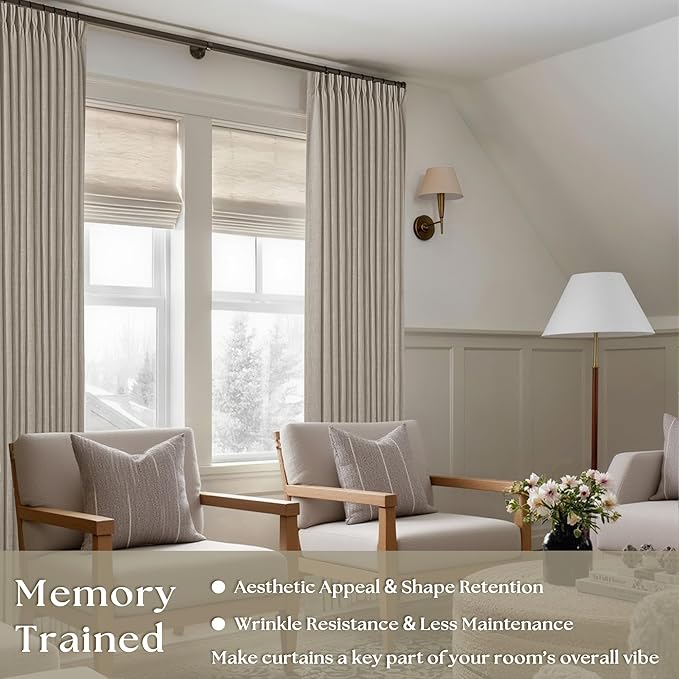 Taupe Burlywood Pinch Pleat Linen Curtains 120 Inches Long 60 Inch Wide for Patio Sliding Door Light Filtering Semi Sheer Pleated Drapes Back Tab Extra Wide 60 x 120 Curtain for Living Dining Room