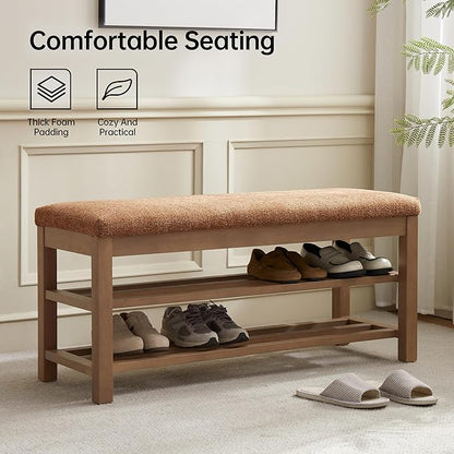 VKNOW Entryway Bench, 44.3” Upholstered Shoe Bench for Bedroom, 2-Tier Storage End of Bed Bench with Rubberwood Legs for Living Room, Hallway, Orange