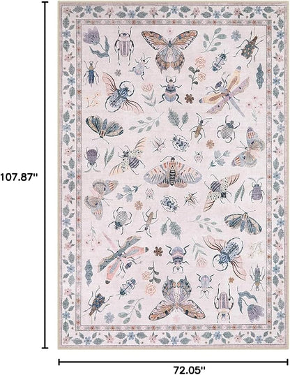 Lahome Insect Print Washable Rugs for Living Room, Soft 6x9 Pink Rug for Bedroom Ultra-Thin Non Slip, Stain Resistant Modern Easy Clean Large Carpet for Dining Room Nursery Classroom(6'x9',Pink)