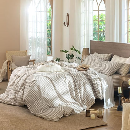 MooMee Gingham Duvet Cover Set 100% Washed Cotton Linen Like Textured Breathable Durable Soft Comfy Modern Checkered Design (Tannish Linen Grey Gingham, Oversized Queen 98"x98")