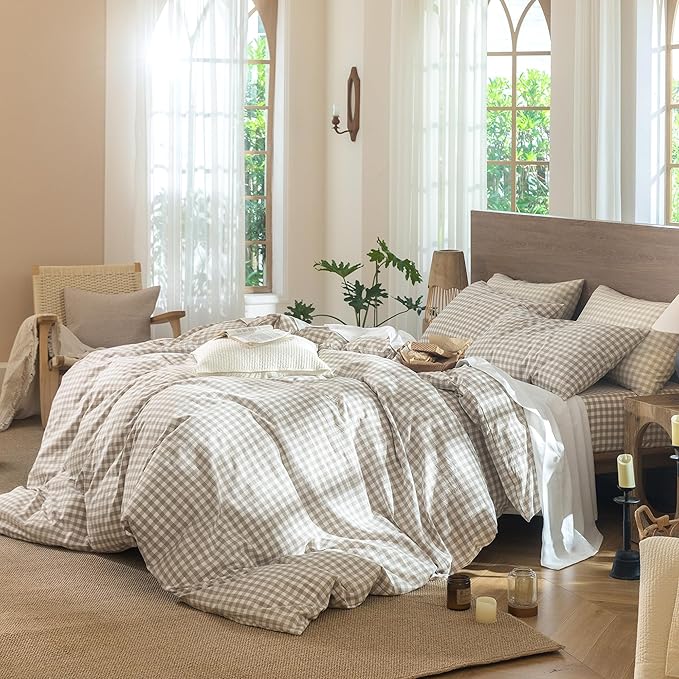 MooMee Gingham Duvet Cover Set 100% Washed Cotton Linen Like Textured Breathable Durable Soft Comfy Modern Checkered Design (Tannish Linen Grey Gingham, King 104"x90")