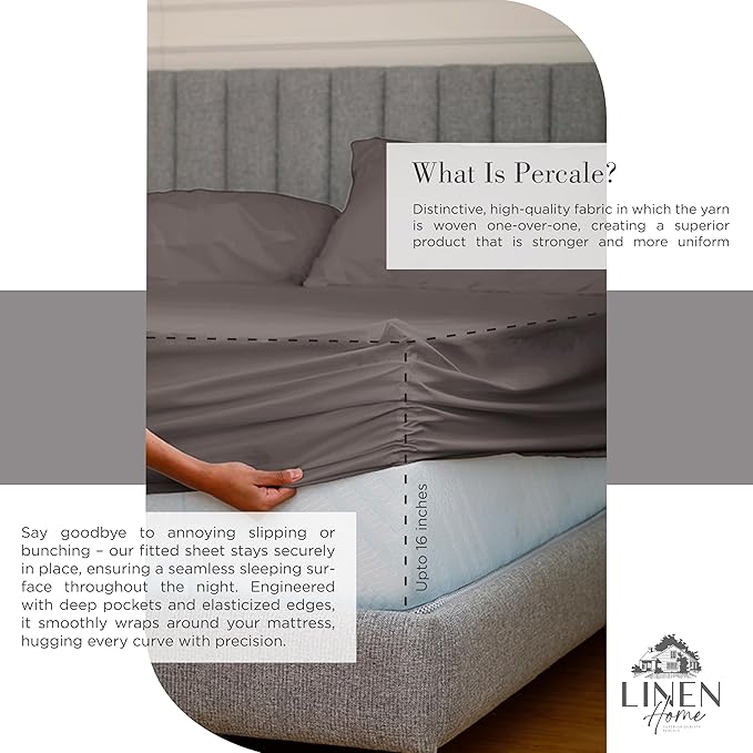 Linen Home 100% Cotton Percale Sheets California King Size, Charcoal, Deep Pocket, 4 Pieces Set - 1 Flat, 1 Deep Pocket Fitted Sheet and 2 Pillowcases, Crisp Cool and Strong Bed Linen