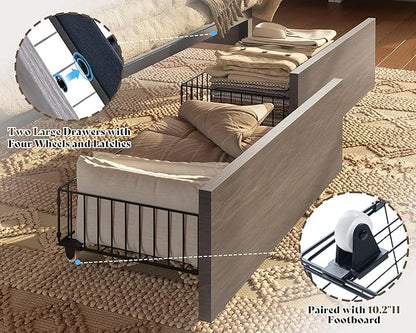 AMERLIFE 47.2" H Full Bed Frame with Hidden Space Bookcase Headboard and Charging Station, Beds with 2 Storage Drawers and Wood Slats, No Box Spring Needed, Grey