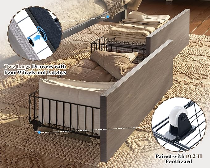 AMERLIFE 47.2" H King Bed Frame with Hidden Space Bookcase Headboard and Charging Station, Beds with 2 Storage Drawers and Wood Slats, No Box Spring Needed, Grey