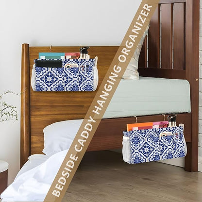 Bedside Caddy Hanging Bunk Bed Caddy Bed Organizer Hanging Pocket with 2 Hooks Bedside Storage Organizer Pocket Bag Holder Floral Blue and White Geometric