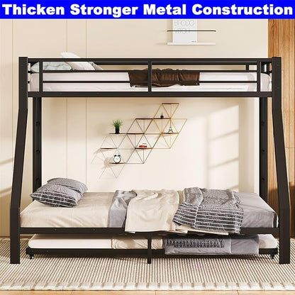 Upgraded Version Thicken Heavy Duty Metal Twin XL Over Queen Bunk Bed with Twin Size Trundle, Modern Style Stronger Twin Over Queen Bunk Bed Frame for Adults, Easy Assembly (Twin XL/Queen)