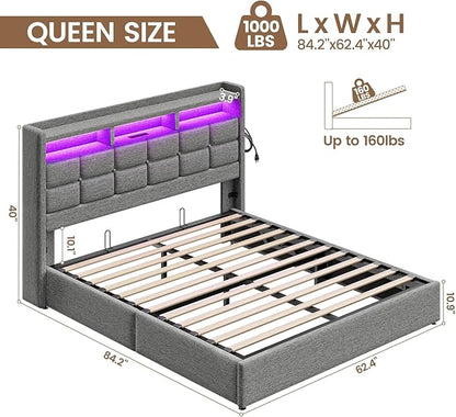 Lift Up Queen Bed Frame with Storage, Upholstered Bed Frame Queen Size with LED Lights Headboard and Charging Station, No Box Spring Needed, Easy Assembly - Light Grey