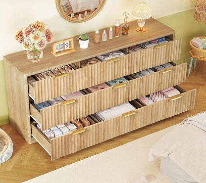 TEENFON Fluted Dresser for Bedroom with 9 Drawers, 63" Wide Modern Chest of Drawers with Metal Handle & Curved Profile Design, Wood Closet Clothes Storage Organizer for Living Room, Hallway, Natural