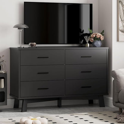 Dresser for Bedroom with 6 Drawer, Modern Chest of Drawers with X-Shaped Sturdy Base, Wide Wood Double Dresser Closet Clothes Storage Organizer, Wooden TV Stand for Living Room, Hallway, Black