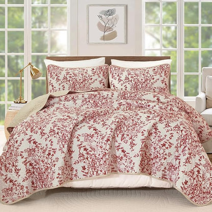 WONGS BEDDING Quilt Queen Size, Christmas Red Quilt Bedding Set with 2 Pillowcases, Botanical Quilts for Queen Bed, Soft Microfiber Lightweight Coverlet Bedspread for All Season (96"×90", 3 Pieces)