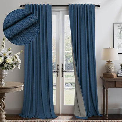 Navy Blue Curtains 108 Inches Long 2 Panel Faux Linen Nautical Modern Farmhouse Blackout Curtain for Bedroom Dining Living Room Divider Drapes Sun Heat Light Blocking Ceiling to Floor Length Dark Blue