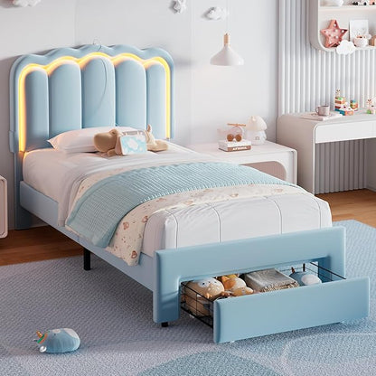 Velvet Upholstered Twin LED Bed Frame with Storage Drawer and Adjustable Double Wavy Headboard, Princess Platform Bed for Kids/Girls/Boys, Solid Wood Slats Support,No Box Spring Needed,Blue