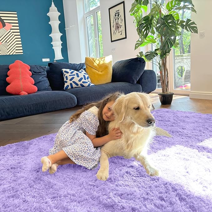 OLANLY 6x9 Machine Washable Large Area Rugs for Living Room, Bedroom, Soft Fluffy Shaggy Bedside Rug, Indoor Floor Carpet for Kids Girls and Boys, Dorms, Nursery, Home Decor Aesthetic, Light Purple