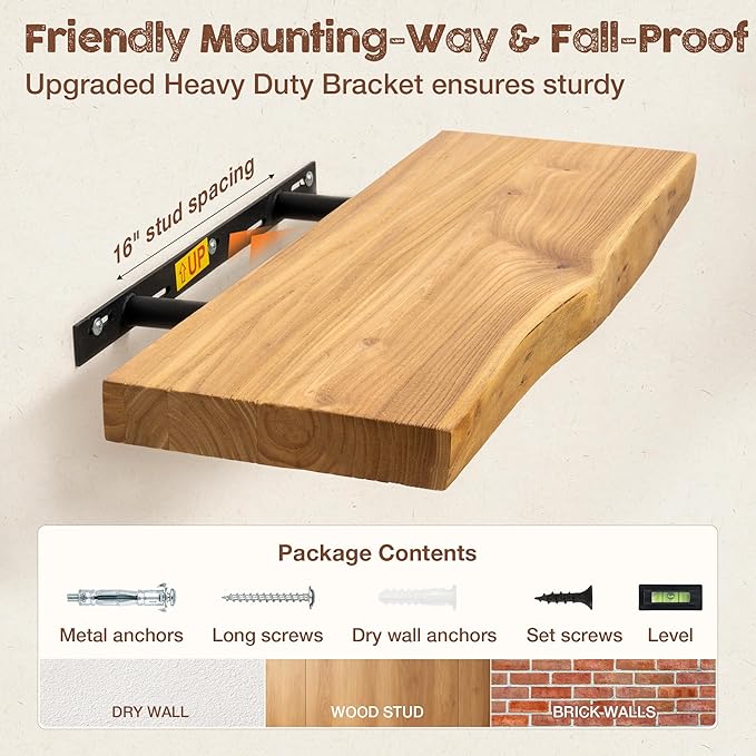 fuqing Live Edge Floating Shelves for Wall 24 inch, 8 Inch Deep Solid Elm Wood Floating Wall Shelves - Rustic Wooden Shelves with Invisible Brackets for Living Room Bedroom Kitchen, 2 Pack, Natural