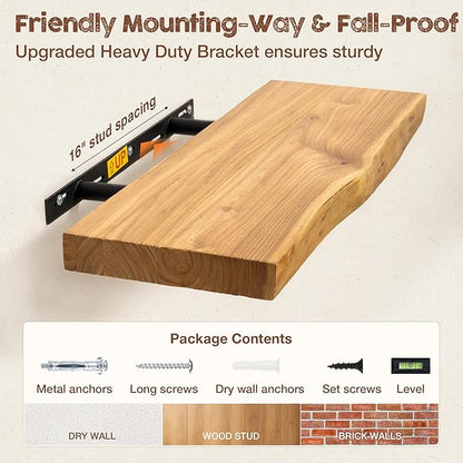 fuqing Live Edge Floating Shelves for Wall 36 inch, 8 Inch Deep Solid Elm Wood Floating Wall Shelves - Rustic Wooden Shelves with Invisible Brackets for Living Room Bedroom Kitchen, 2 Pack, Natural