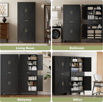 COFaR 71" Tall Metal Storage Cabinet with 4 Doors and 4 Adjustable Shelves, 6-Tier Farmhouse Storage Cabinet with Drawers and Legs, for Office, Home, Garage, Gym, School, Living Room, Hallway（Black）
