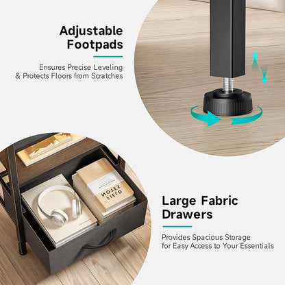 Night Stand Bedside Table Bedroom - Tall Nightstand with Charging Station & LED Light Strip, Bed Side Table with Storage Shelf & 4 Fabric Drawers, 2 U-S-B Ports & 2 AC Outlets