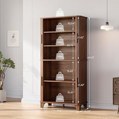 69" Tall Kitchen Pantry Storage Cabinet with Sliding Door, Modern Curved Edge Pantry Storage Cabinet with 5 Shelves, Cupboard for the Kitchen, Dining Room, Bedroom, Living Room, Office (Walnut)
