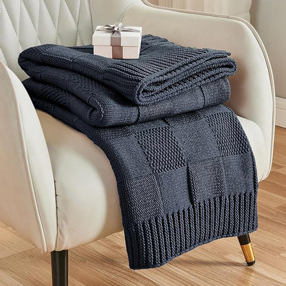 CozeCube Check Knit Throw Blanket, Midnight Navy Checkered Throw for Couch, Decorative Christmas Soft Cozy Warm Knitted Blanket for Bed Sofa Living Room, 50"X60"