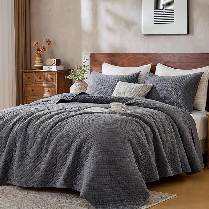 Cali King Quilt Set with Shams Lightweight Quilted Bedspread Coverlet Thin Comforter Bed Cover Vintage Washed Quilted Blanket for All Season, Brushed Microfiber Diamond Stitching, Ash Gray, 111"x92"