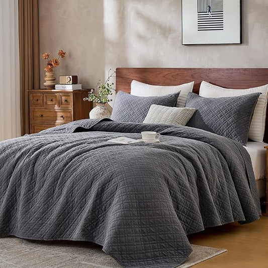 Cali King Quilt Set with Shams Lightweight Quilted Bedspread Coverlet Thin Comforter Bed Cover Vintage Washed Quilted Blanket for All Season, Brushed Microfiber Diamond Stitching, Ash Gray, 111"x92"