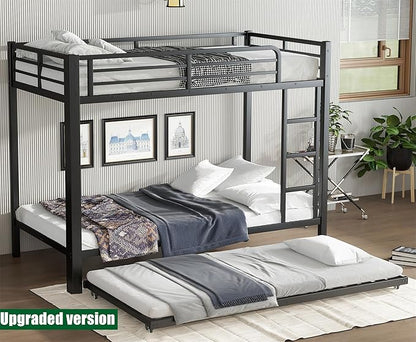Higher Quality & Stronger Heavy Duty Metal Bunk Bed Frame Twin XL Over Twin XL Size with Twin Size Trundle for Adults Teens, Thickened More Stable Steel Bunkbed