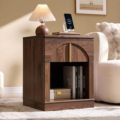 ACCOHOHO Modern Night Stand Set 2 with Arched Panel,18" Wooden nightstand with Charging Station,Bedside Table with Drawer Storage,Side End Table with Open Shelf for Bedroom、Living Room,Brown
