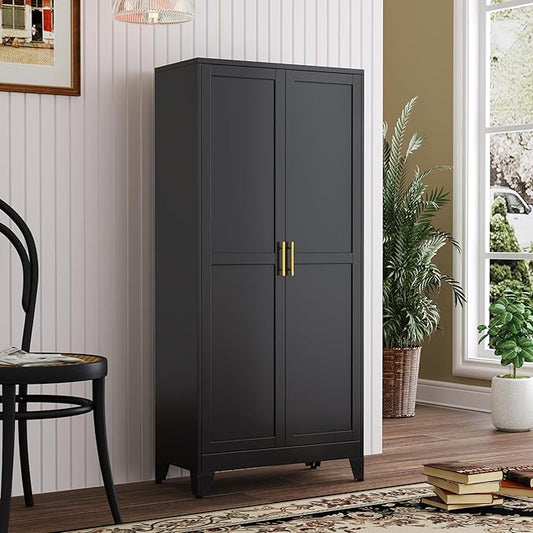 Metal Kitchen Pantry Storage Cabinet with 2 Doors and 3 Adjustable Shelves,Pantry Cabinet with Adjustable Leveling Foot for Kitchen, Living Room, Dining Room（Black）