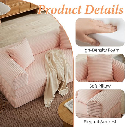 Convertible Futon Sofa Bed, Fold Out Floor Sofa Couch with Sleeper Sofa,Folding Boneless Couches with Deep Seat,Cloud Corduroy Foldable Mattress Couch for Living Room (Pink)