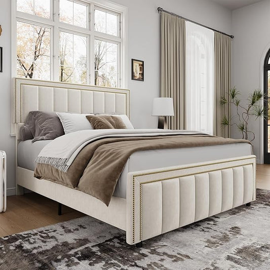 BarnFurin Queen Bed Frame with 50" Tall Headboard and Footboard, Chenille Upholstered Platform Bed, Vertical Channel Tufting with Nailhead Trim, No Box Spring Needed, Easy Assembly, Beige