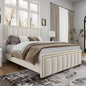BarnFurin Queen Bed Frame with 50" Tall Headboard and Footboard, Chenille Upholstered Platform Bed, Vertical Channel Tufting with Nailhead Trim, No Box Spring Needed, Easy Assembly, Beige